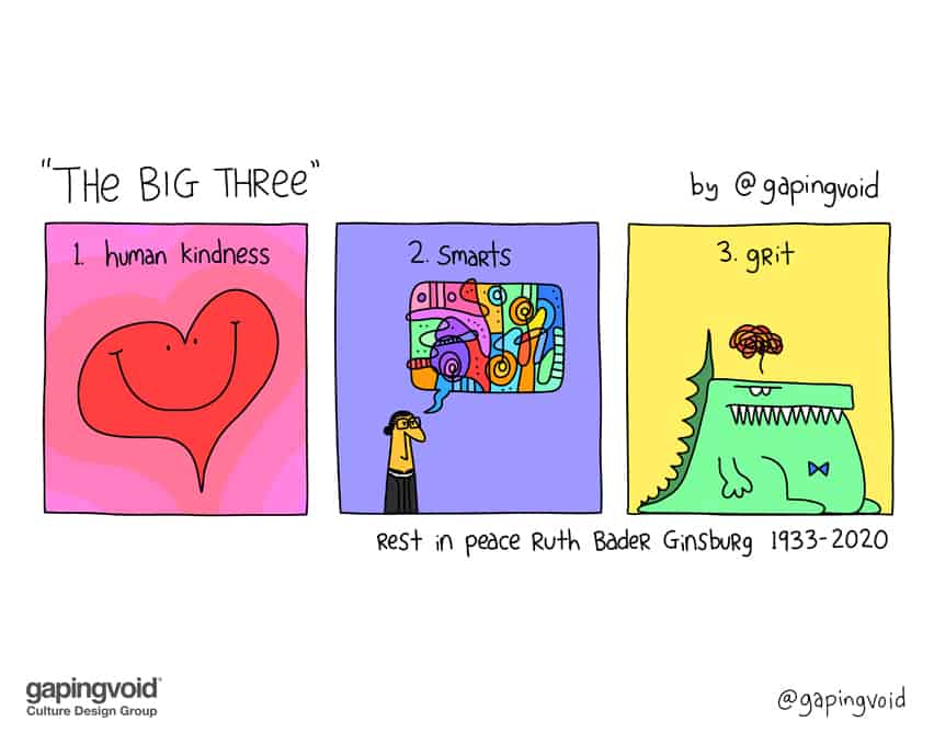 “the big three” 1. human kindness 2. smarts 3. grit rest in peace Ruth Bader Ginsburg 1933-2020