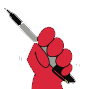 Red hand holding a pen