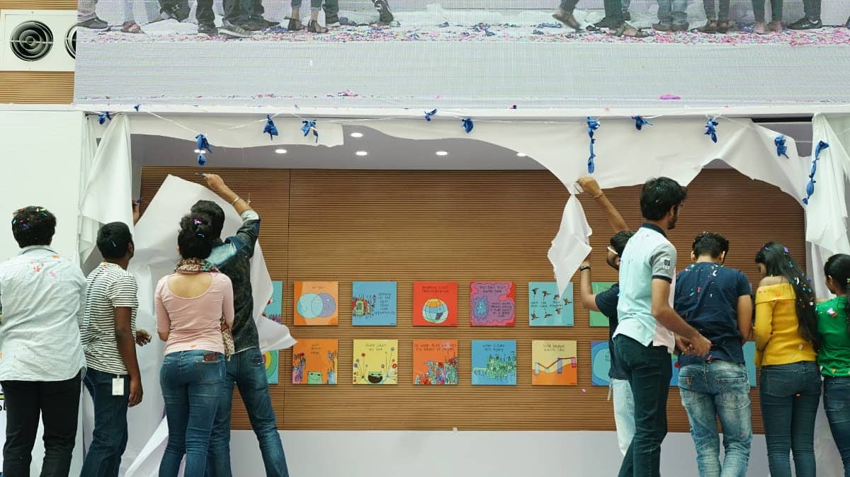 Millennials unveiling the Culture Wall at the Microsoft Campus in Hyderabad, India