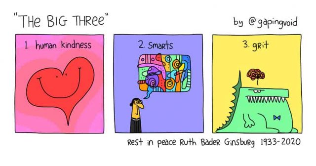 “the big three” 1. human kindness 2. smarts 3. grit rest in peace Ruth Bader Ginsburg 1933-2020