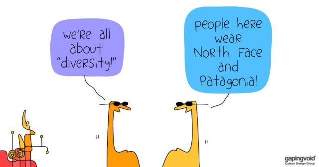diversity, equity and inclusion;We're all about "diversity!" people here wear North Face and Patagonia!