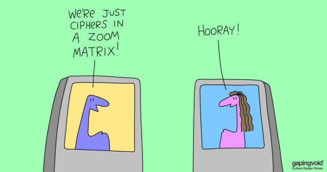 virtual meetings;We're just ciphers in a zoom matrix! Hooray!