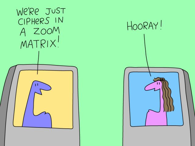 virtual meetings;We're just ciphers in a zoom matrix! Hooray!